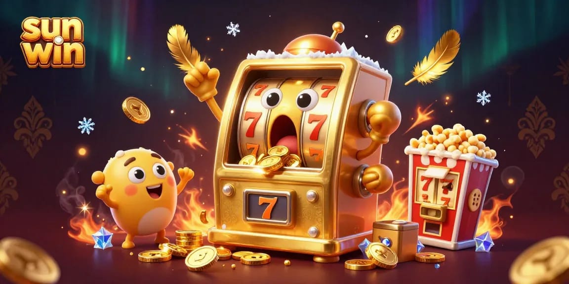 Experience the excitement of sun win as a golden slot machine wins a jackpot amidst cheering slots and vibrant casino elements.