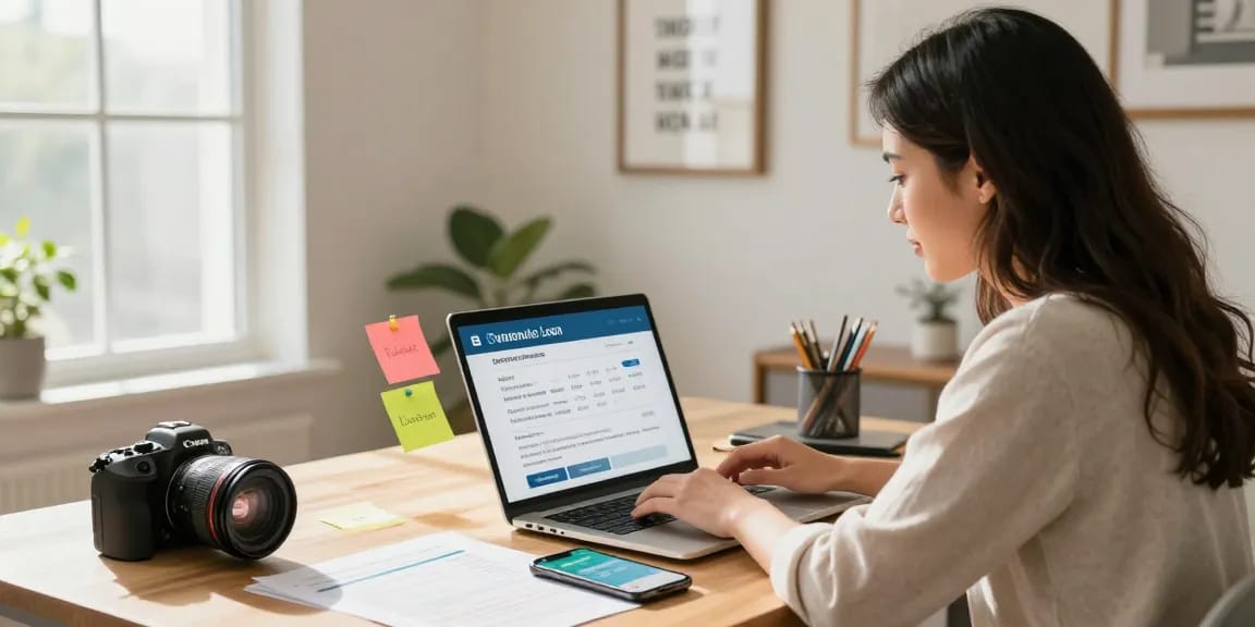 Young woman applying for a RadCred lending cash advance loan at home, surrounded by paperwork and a laptop.