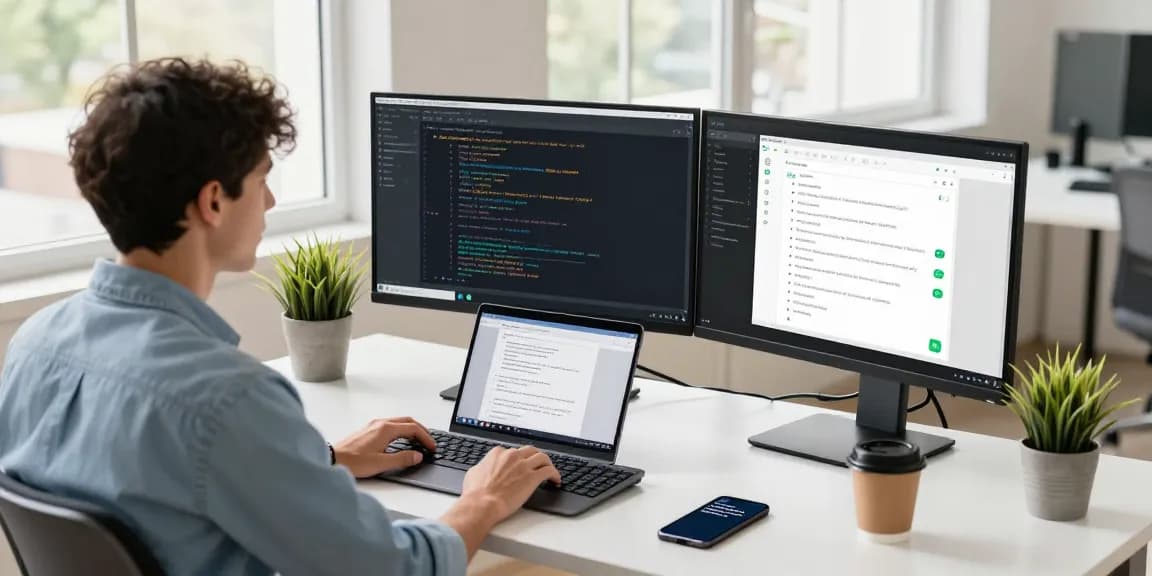 WhatsApp下載 interface displayed on dual monitors in a modern tech workspace, showcasing a developer's coding environment.