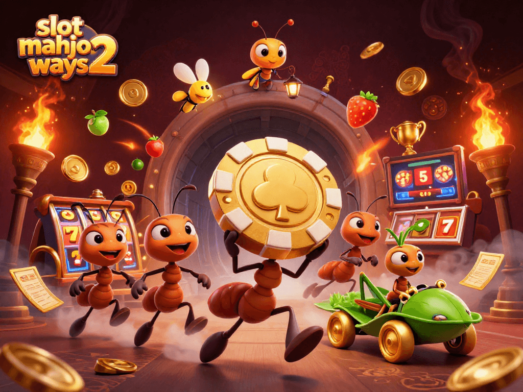 Slot Mahjong Ways 2 features a vibrant heist with cartoon ants and casino elements.
