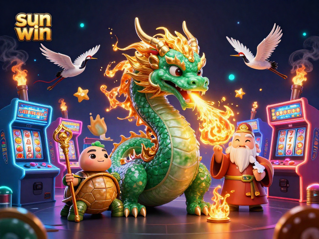 Experience the excitement of sun win with a vibrant 3D illustration of a dragon, turtle, and cranes in a captivating casino setting.