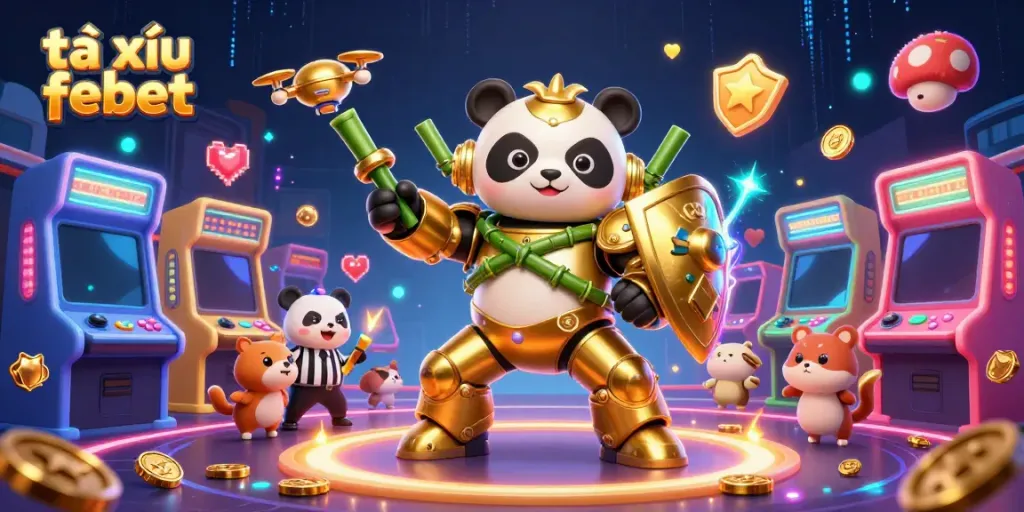 Engaging 3D illustration showcasing tài xỉu febet with a panda warrior and dynamic gaming elements.