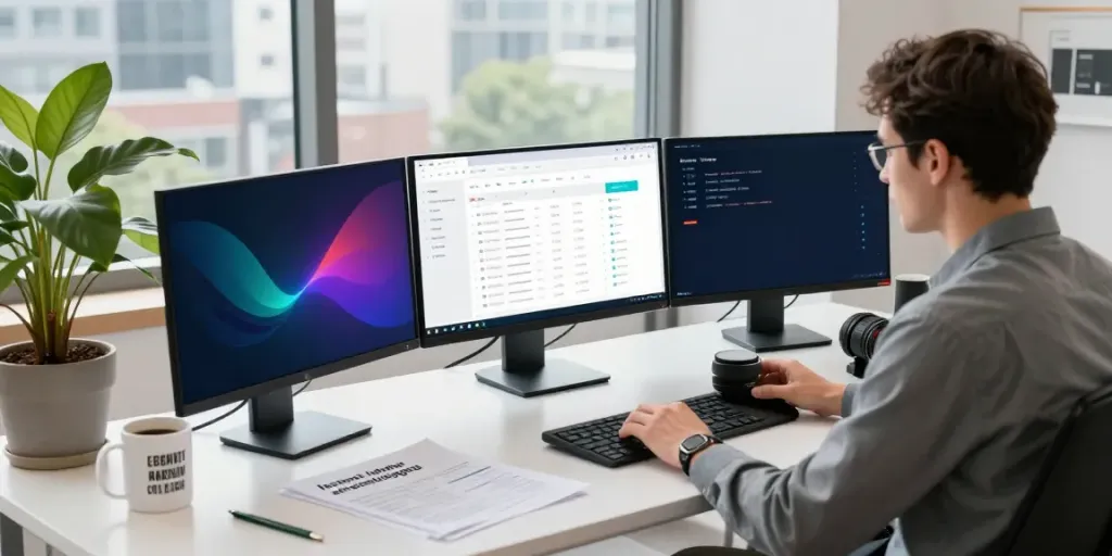 SEO expert analyzing instant indexing performance on multiple screens in a modern office.