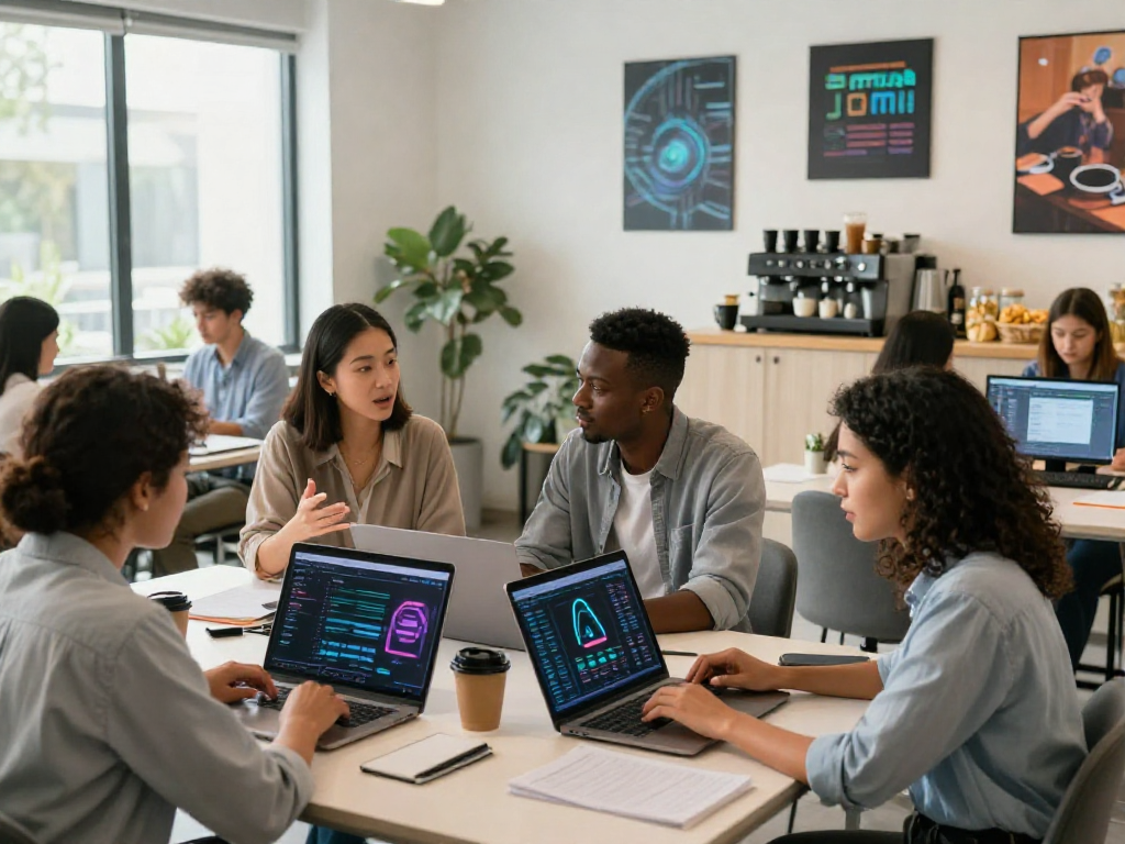 Engaged professionals in a vibrant workspace discussing spicy ai application features, showcasing collaboration and innovation.