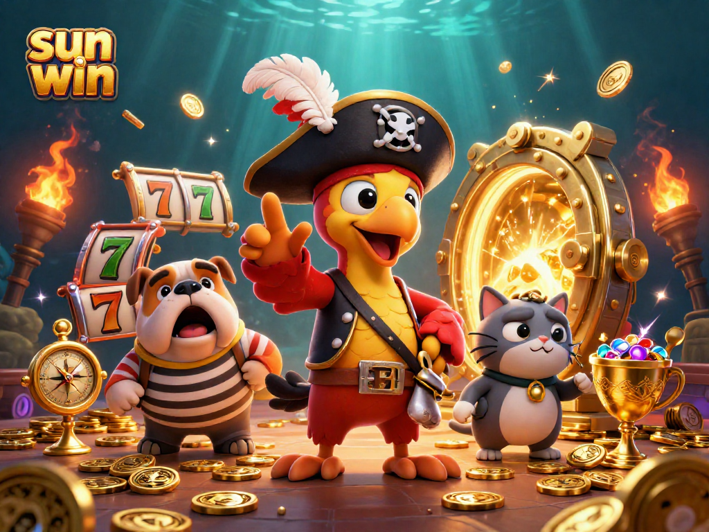Experience the thrill of sun win slots with a pirate crew in a vibrant casino treasure scene.