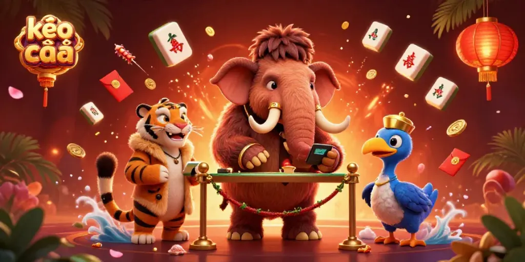 Engage with the kèo nhà cái from a dynamic casino scene featuring vibrant characters and festive elements.