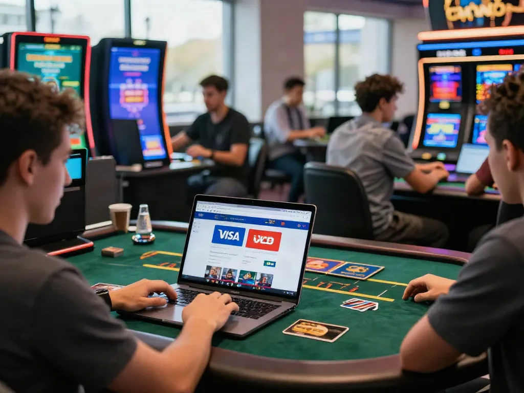 Diverse group of players enjoying games at modern credit card casino sites with vibrant atmosphere.