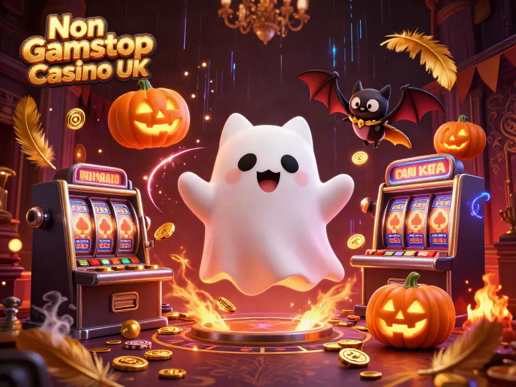 Experience the thrilling atmosphere of Non Gamstop Casino UK with a ghost cat and spooky elements.