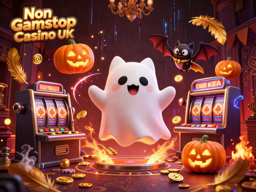 Experience the thrilling atmosphere of Non Gamstop Casino UK with a ghost cat and spooky elements.