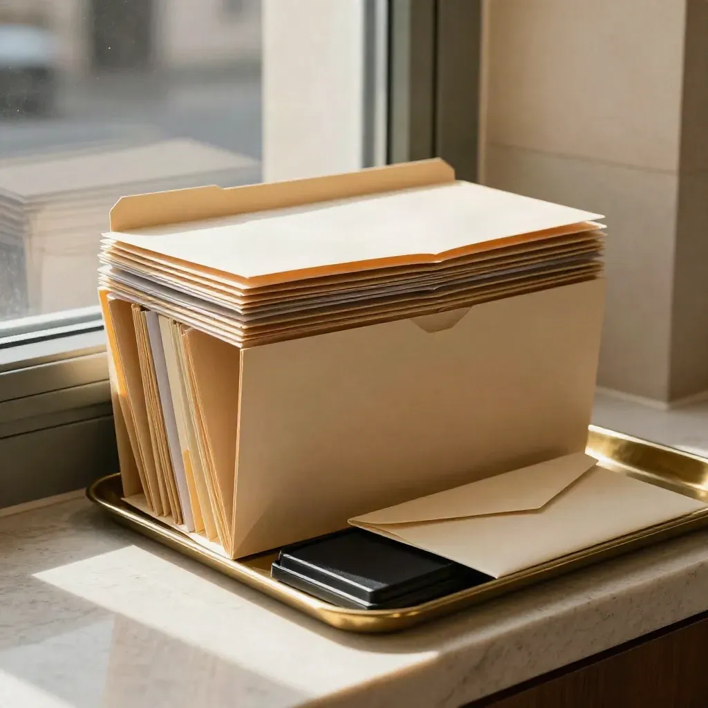 Manila folders, brass tray, ink pad and envelope on pale stone in warm window light