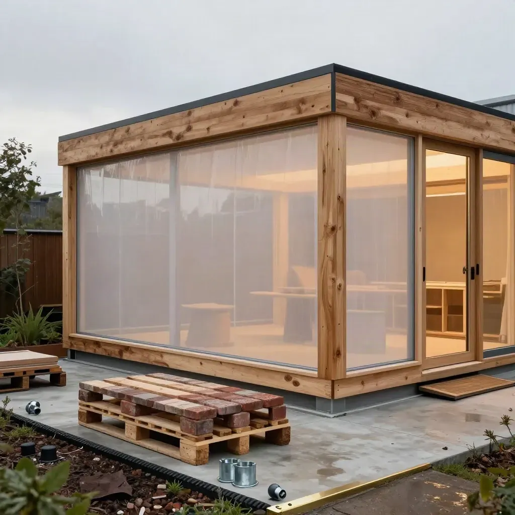 Wrapped timber-glass extension with brick slips and scaffold hardware at a damp build corner.
