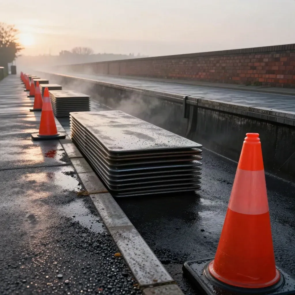 Wet UK roadworks corridor with cones, steel plates and misty brick terraces at dawn