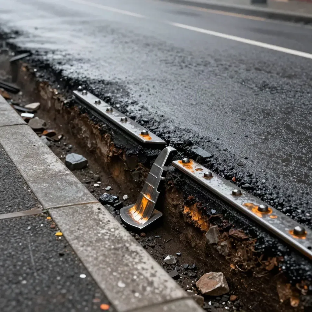 Wet road plates bolted over a reopened trench beside curb stones after rain.
