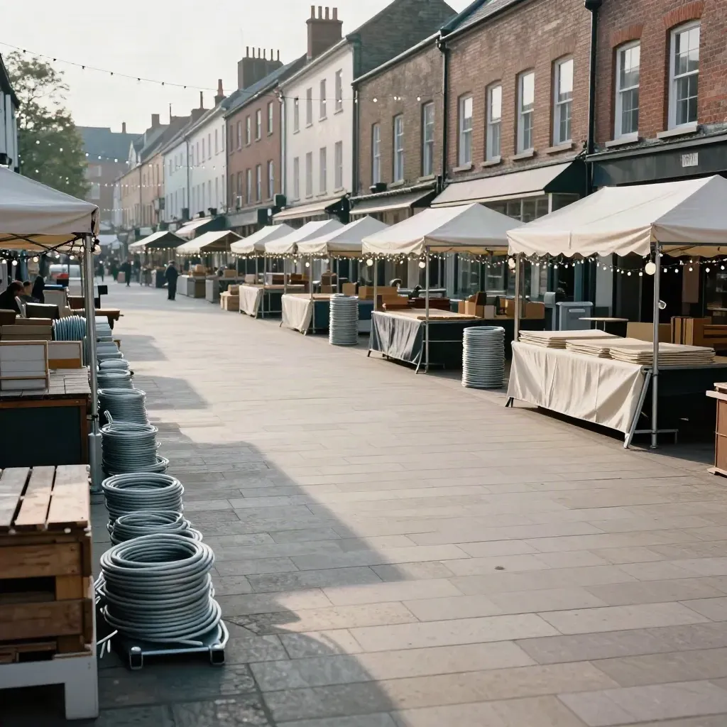 Empty market square with event stall frames and lights ready before opening.
