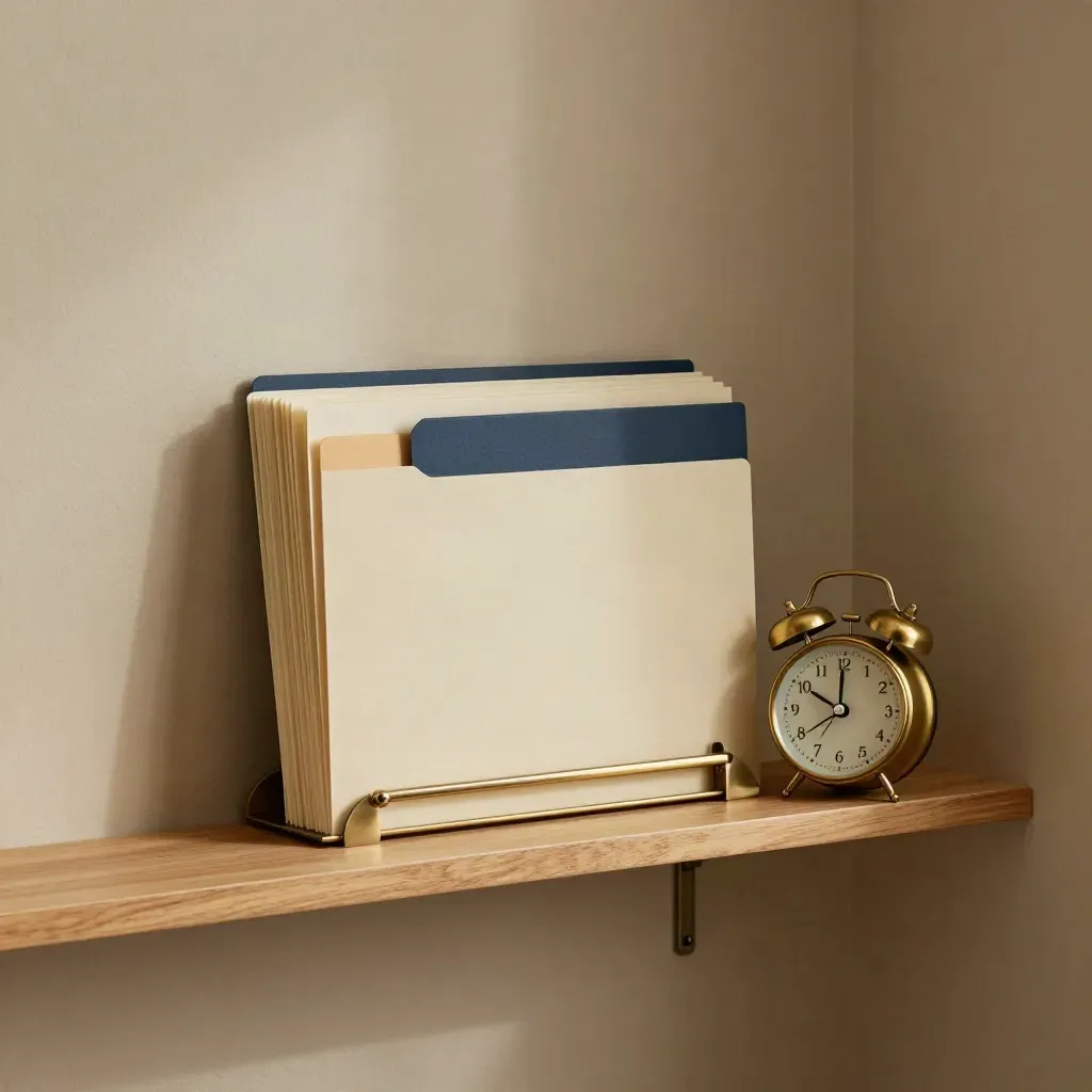 Wall-mounted permit renewal rail with folders and brass clock in a quiet office corner.
