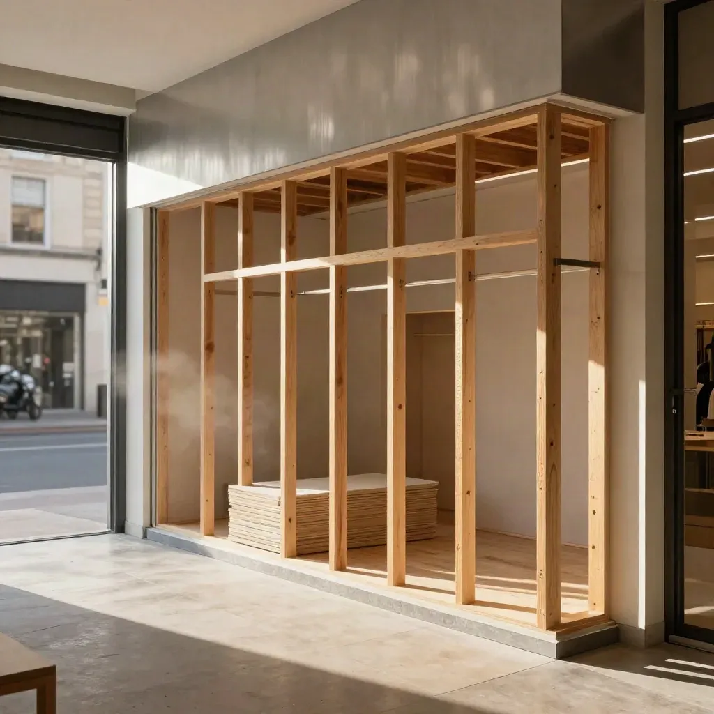 Empty retail fit-out with timber studs, plasterboard stacks and a scaffold bay in warm light.
