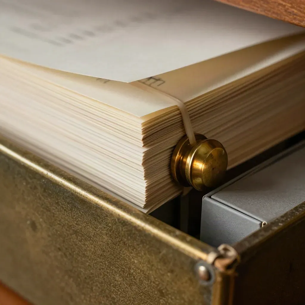 Macro of a permit bundle sliding into an archive box with brass seal and rubber band.