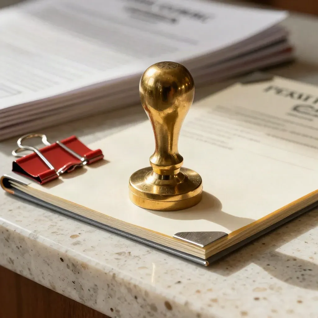 Brass date stamp beside a red archive clip and permit folio on pale travertine.