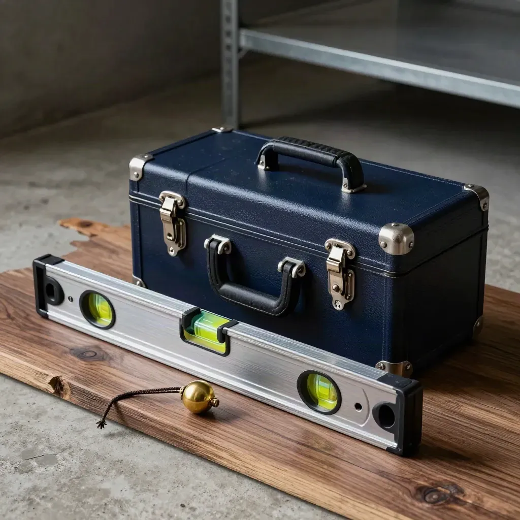 Torpedo level, plumb bob and sealed inspection case on timber with dramatic light.