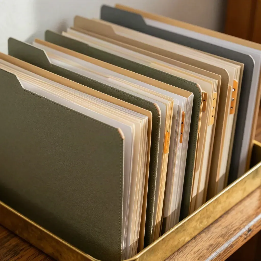 Top-down closeup of permit folders in a brass tray with archive tags on a warm workbench.