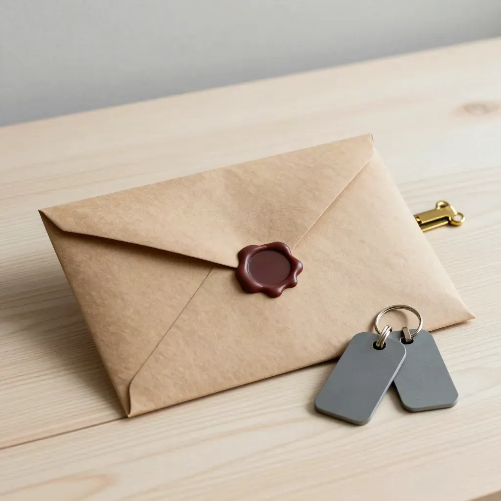 Kraft envelope, site tag, key fobs and brass clip on pale wood in soft side light.