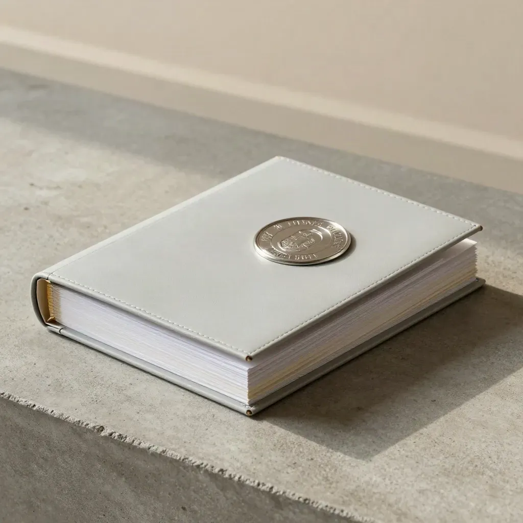 Closed binder, council seal disk and tab stack on concrete in soft side light.