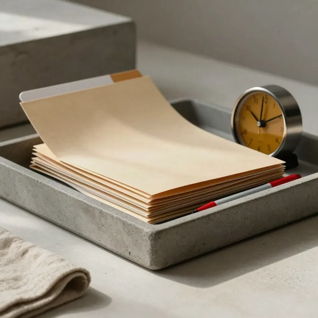 Stone tray with inbox tray, timer, folders and an index marker in a tense waiting stack.