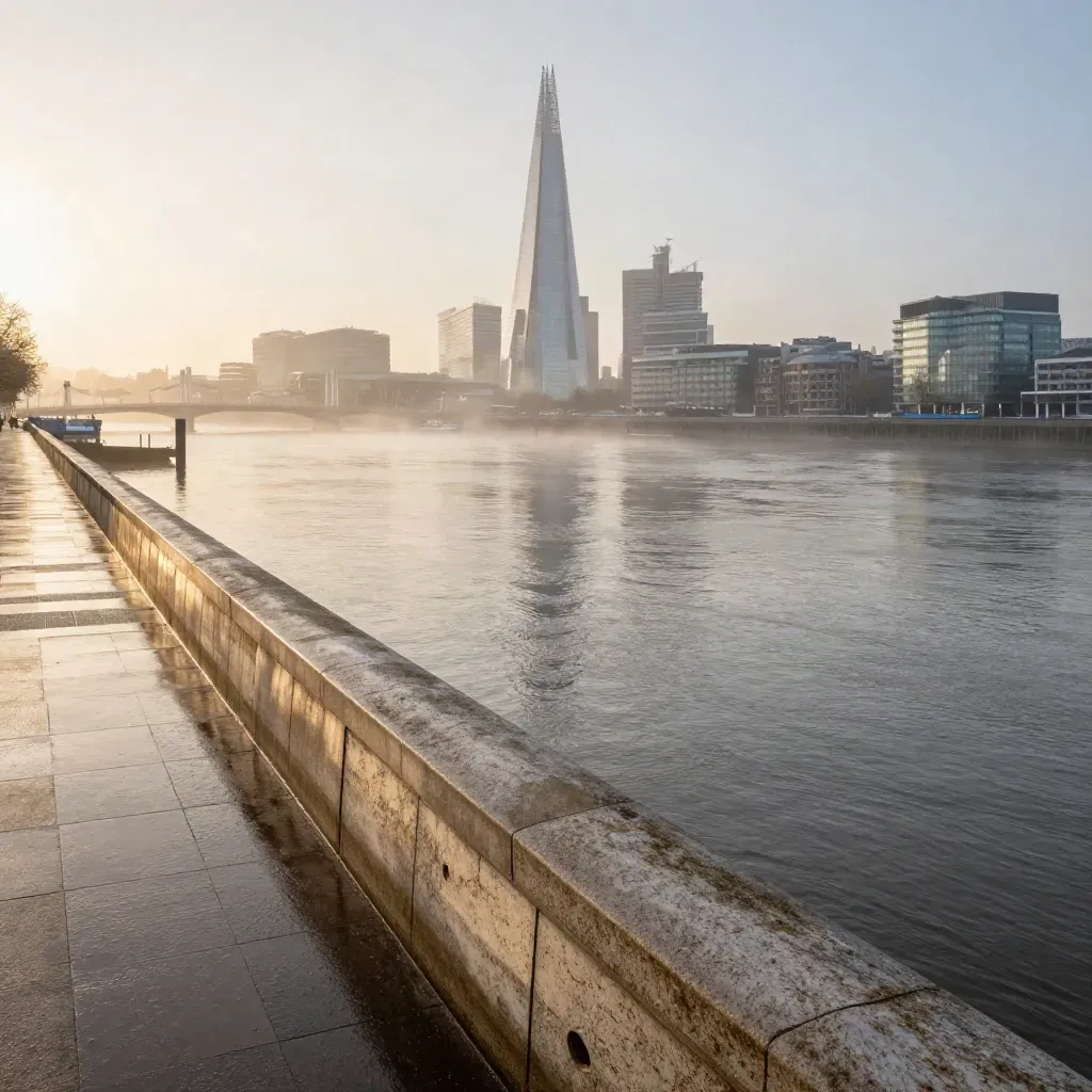 The Shard and City skyline above a misty Thames embankment at golden dawn.