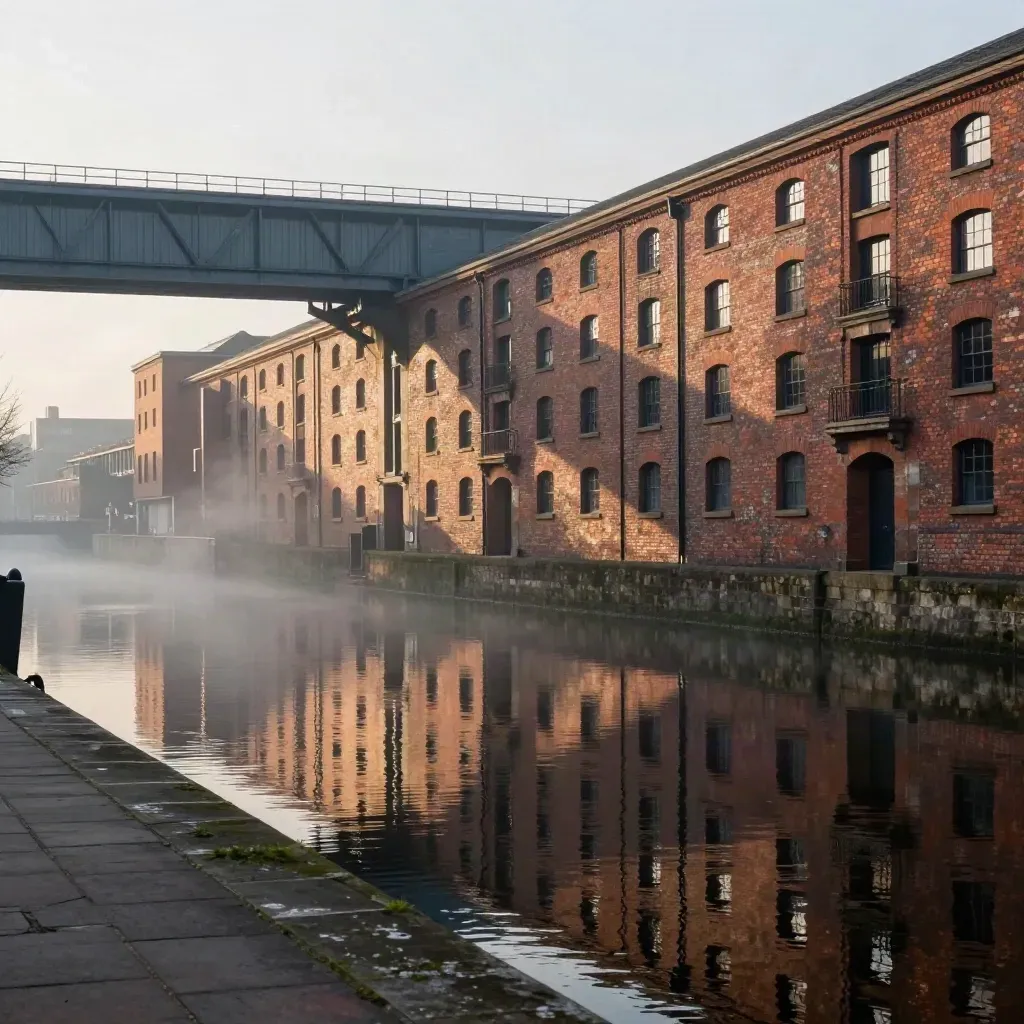 Misty Birmingham canal warehouses and viaduct above still water at golden hour.
