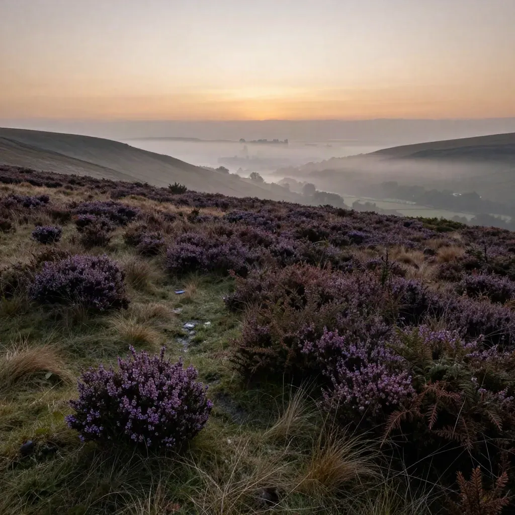 Sunrise over North West moorland with mist, heather, grass, and faint city silhouettes.