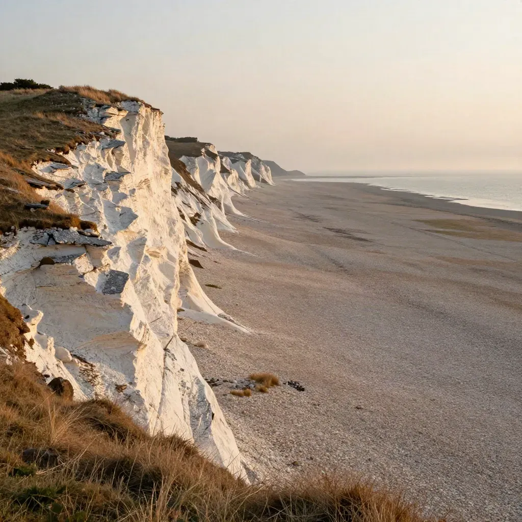 South Downs chalk slope above a calm shingle coast in warm hazy light
