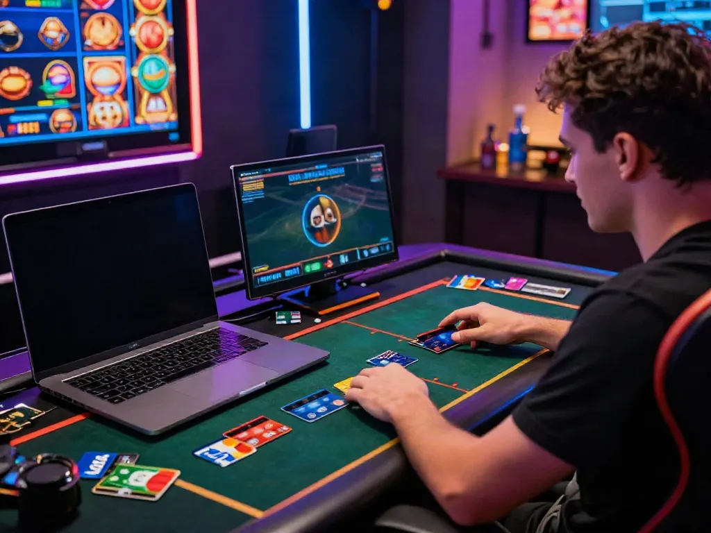 Player enjoying credit card slots at a vibrant online casino setup with modern gaming elements.