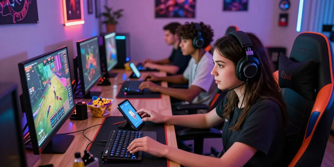 Engaging scene of gamers playing real porn games on multiple devices in a cozy game room, highlighting vibrant atmosphere and modern accessories.