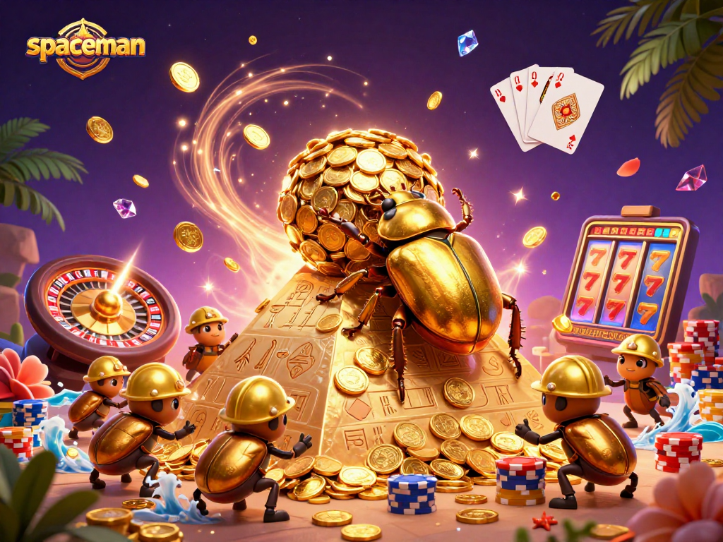 Spin the reels with spaceman as golden coins cascade in this vibrant casino illustration.