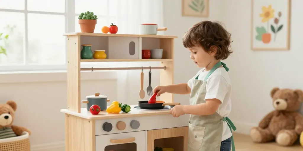 Explore a vibrant wooden kitchen play set, inspiring imagination and creativity in children.