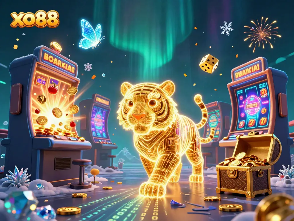 Engage with xo88 in a vibrant 3D casino scene featuring a golden tiger and exciting game elements.