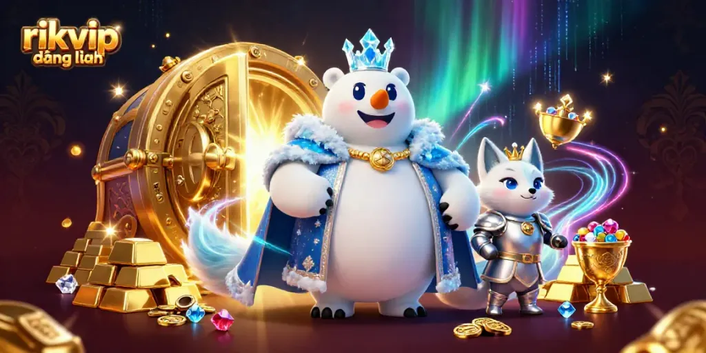 Experience the excitement of rikvip đăng nhập with polar bear characters amidst gold and jewels in a vivid casino scene.