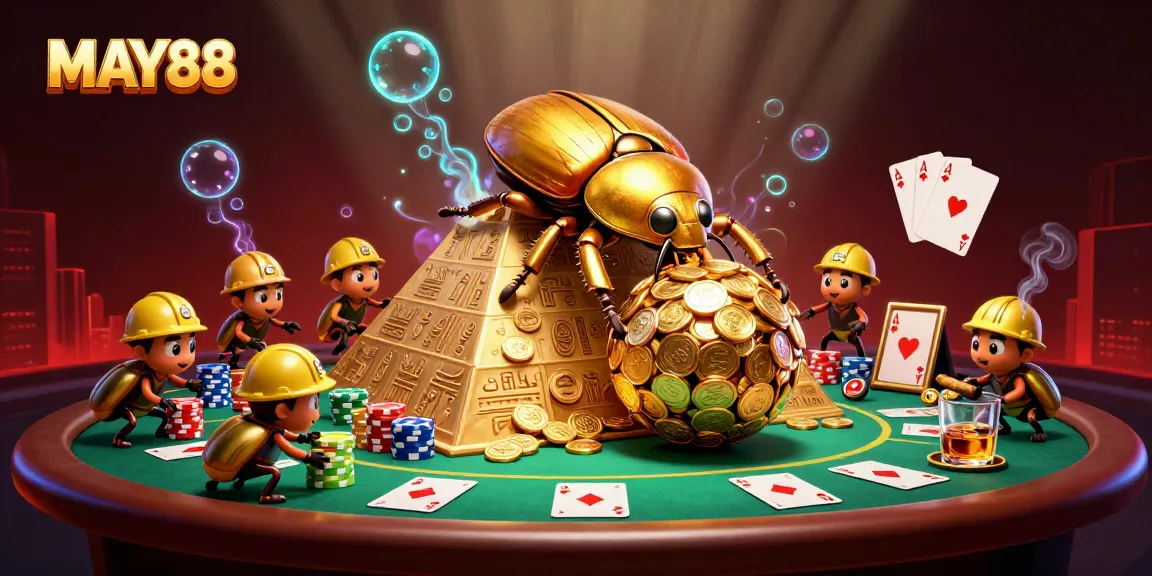 MAY88 showcases an exciting scene with a golden beetle and casino elements in a vibrant casino environment.