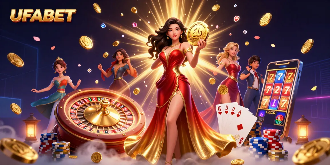Join the excitement at UFABET with casino-themed illustration showcasing a glamorous Asian woman holding a golden coin.