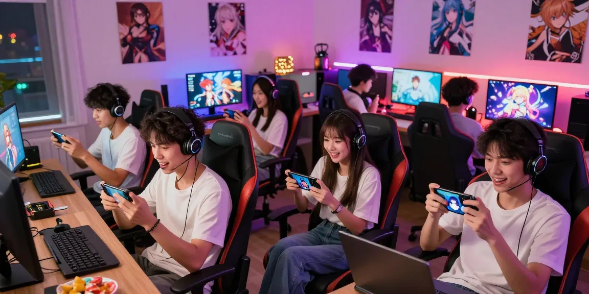 Diverse gamers enjoying free mobile hentai games on various devices in a cozy gaming environment.