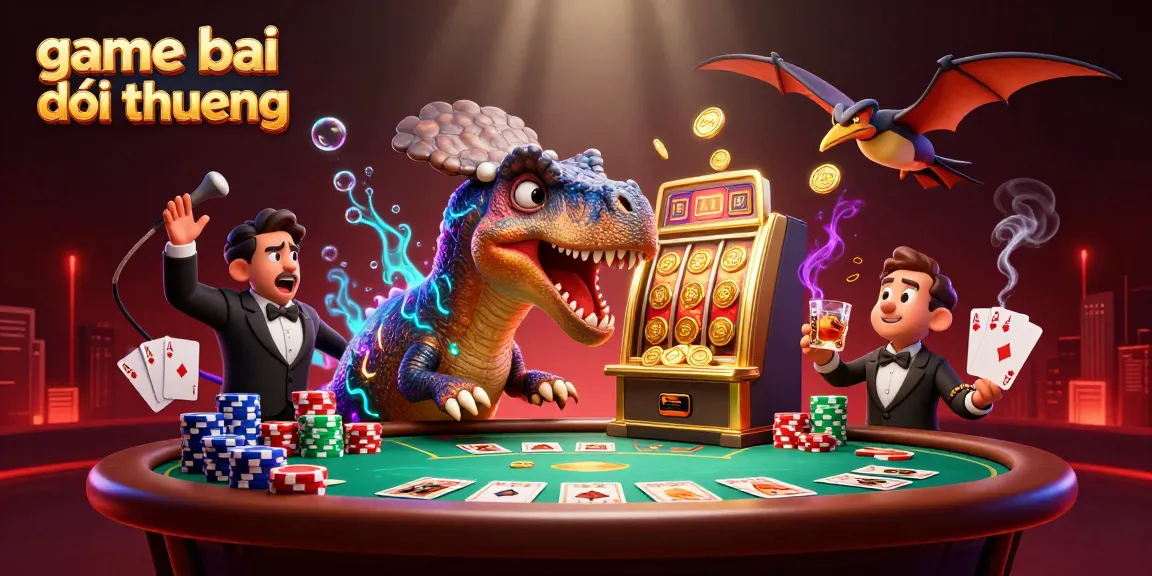 Engaging scene of game bai doi thuong with a dinosaur excitingly interacting with a slot machine