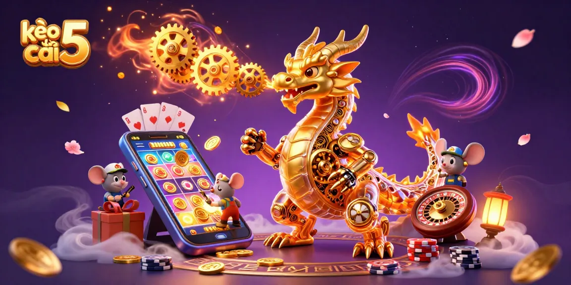 Engage with kèo nhà cái 5 through an exciting casino scene featuring a golden dragon and dynamic gaming elements