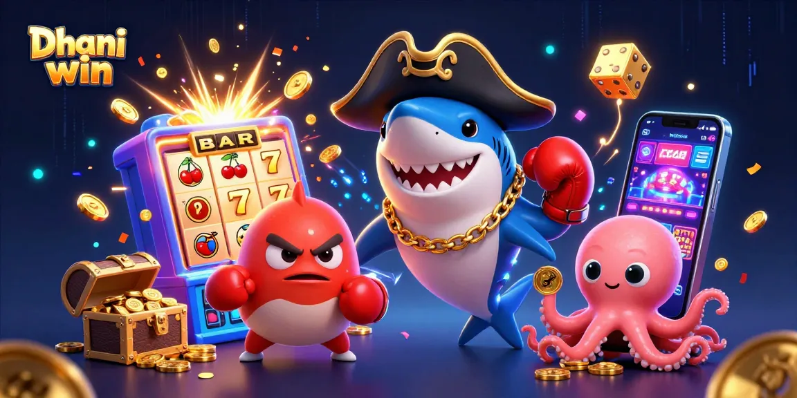 Play thrilling games on Dhani win platform amidst vibrant slot machine chaos and animated characters.