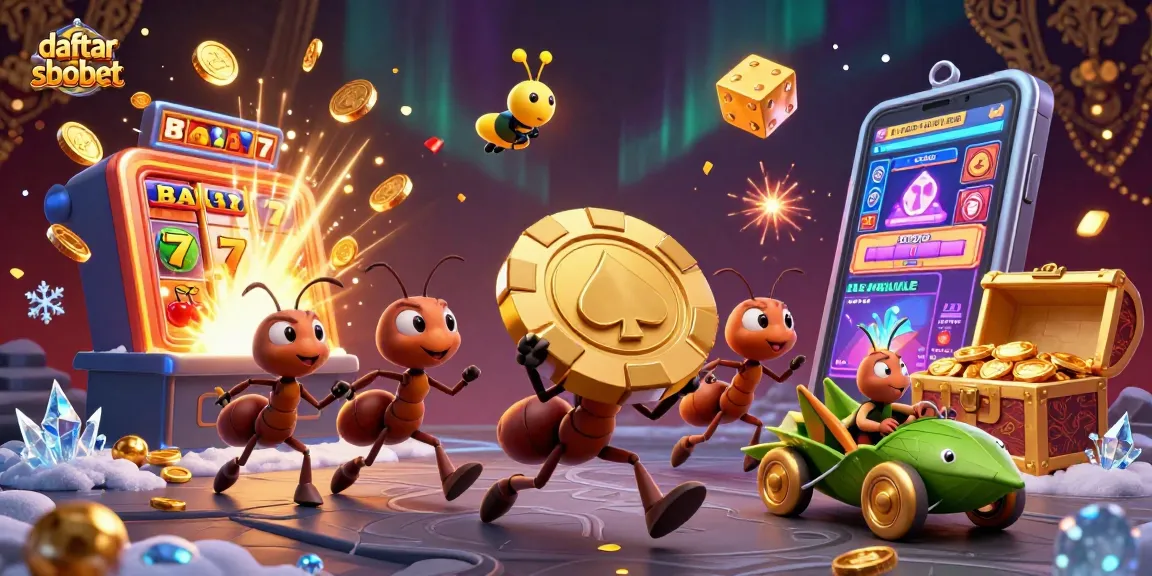 Experience daftar sbobet with a dynamic cartoon illustration of ants stealing a giant poker chip amidst casino excitement.