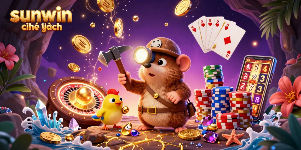 Experience the thrills of sunwin chính hãng with a cartoon mole and treasures in a vibrant casino scene.