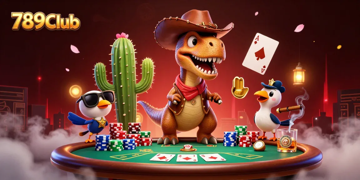 Join the 789Club and experience thrilling poker scenes with a T-Rex, cactus, and roadrunner!