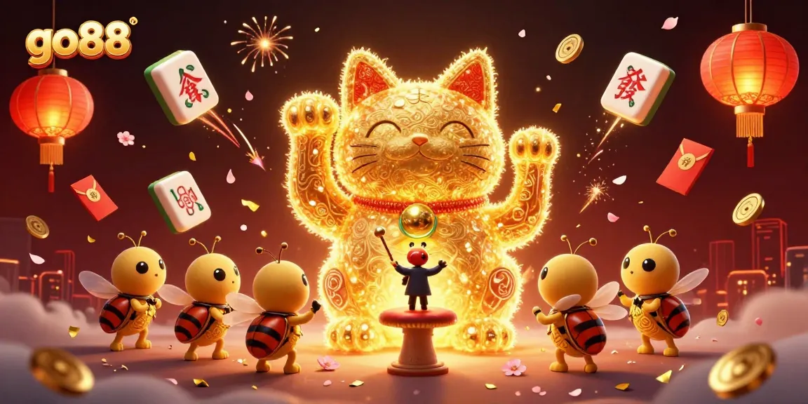 Experience thrilling gaming at go88 with a lively lucky cat surrounded by festive casino symbols.