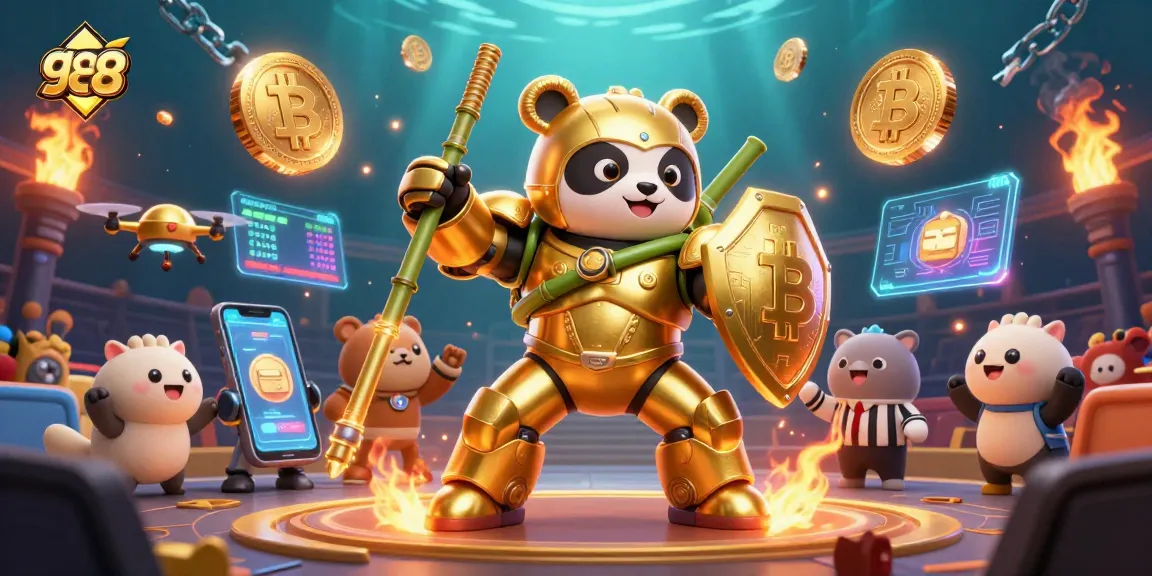 Engage with the excitement of go 88 as the golden panda pilots a bamboo robot in a vibrant gaming arena.