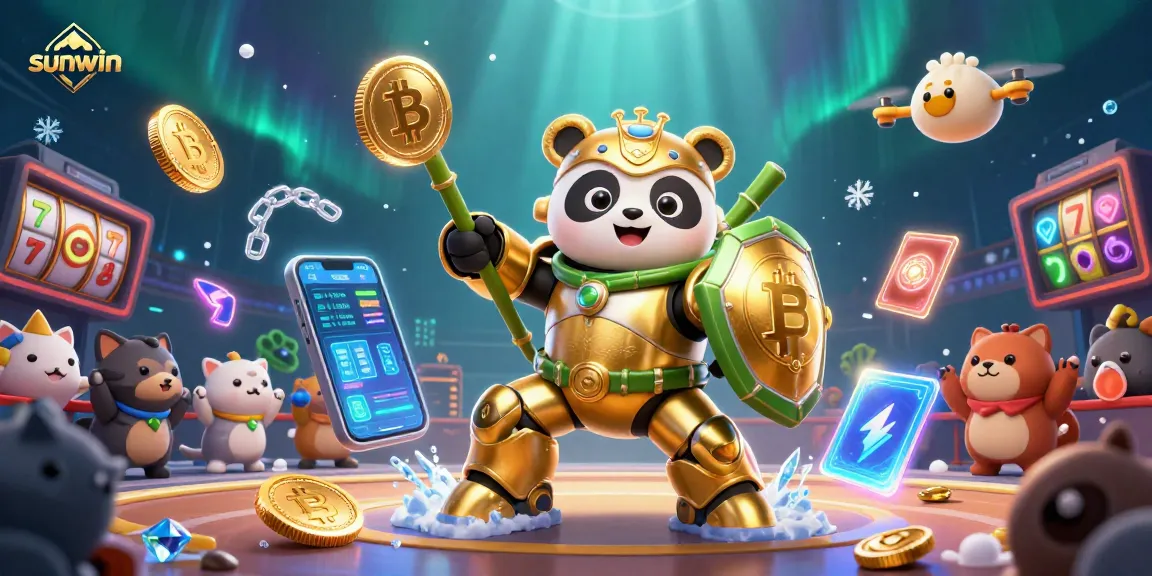 Engage with sunwin's dynamic casino adventures through a vibrant 3D illustration featuring mech-suit panda and crypto elements.